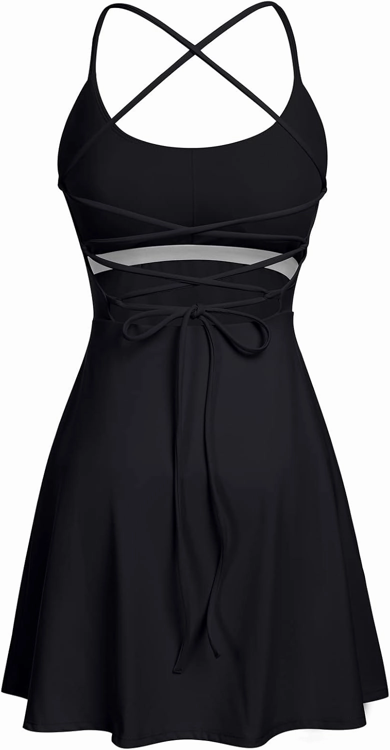 Tennis Dress for Women Backless Lace Up Workout Dress with Built-in Bras & Shorts Exercise Athletic Golf Dresses for Women