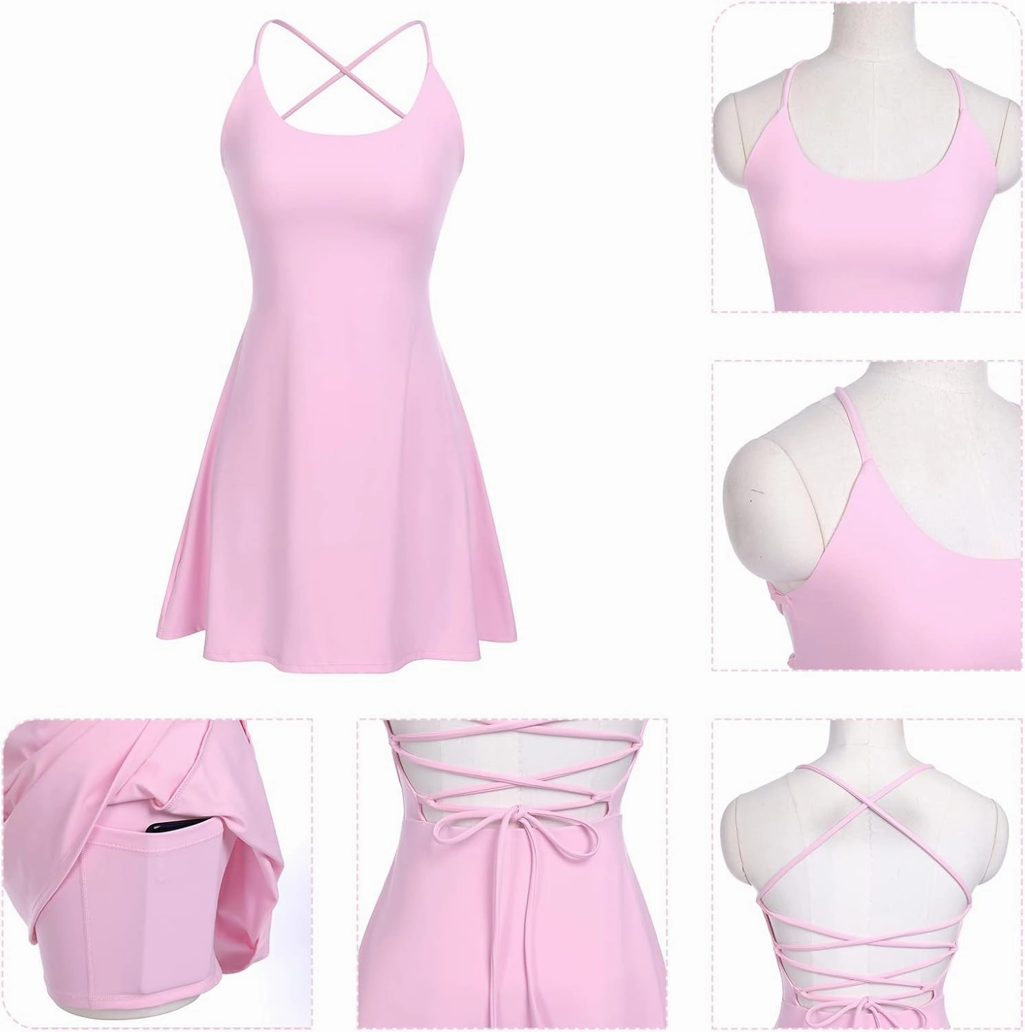 Tennis Dress for Women Backless Lace Up Workout Dress with Built-in Bras & Shorts Exercise Athletic Golf Dresses for Women