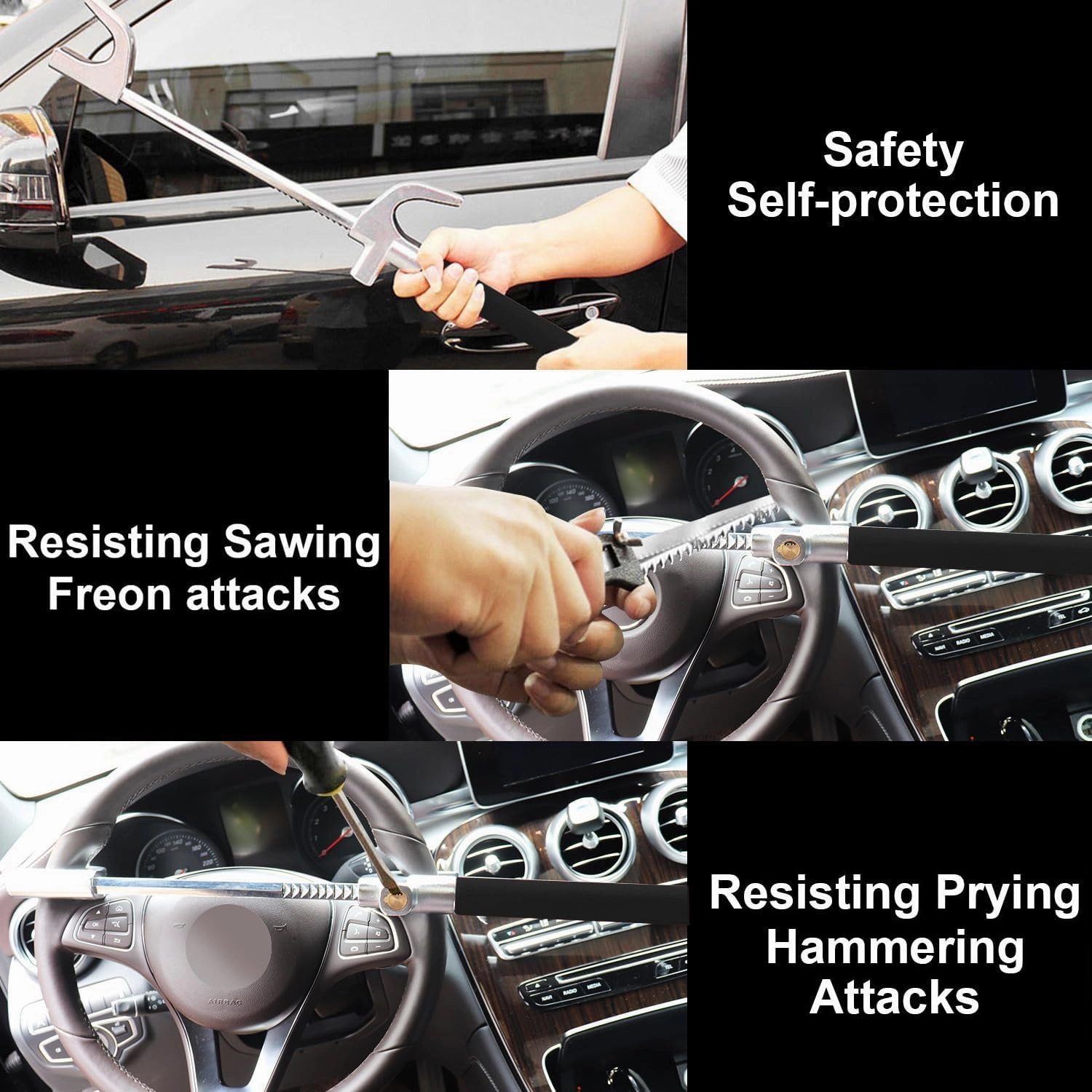 Tevlaphee Steering Wheel Lock For Cars,Wheel Lock,Vehicle Anti-Theft Lock,Adjustable Length Clamp Double Hook Universal Fit Emergency Hammer Window Breaker Self Defense Heavy Duty Secure