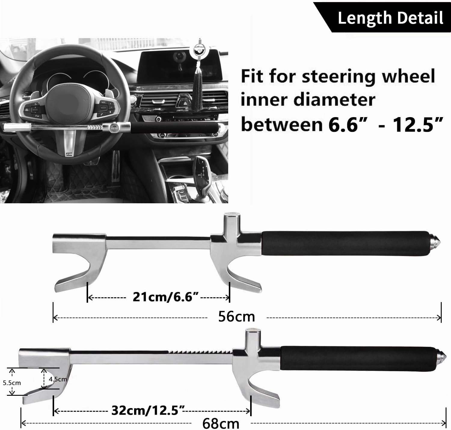 Tevlaphee Steering Wheel Lock For Cars,Wheel Lock,Vehicle Anti-Theft Lock,Adjustable Length Clamp Double Hook Universal Fit Emergency Hammer Window Breaker Self Defense Heavy Duty Secure