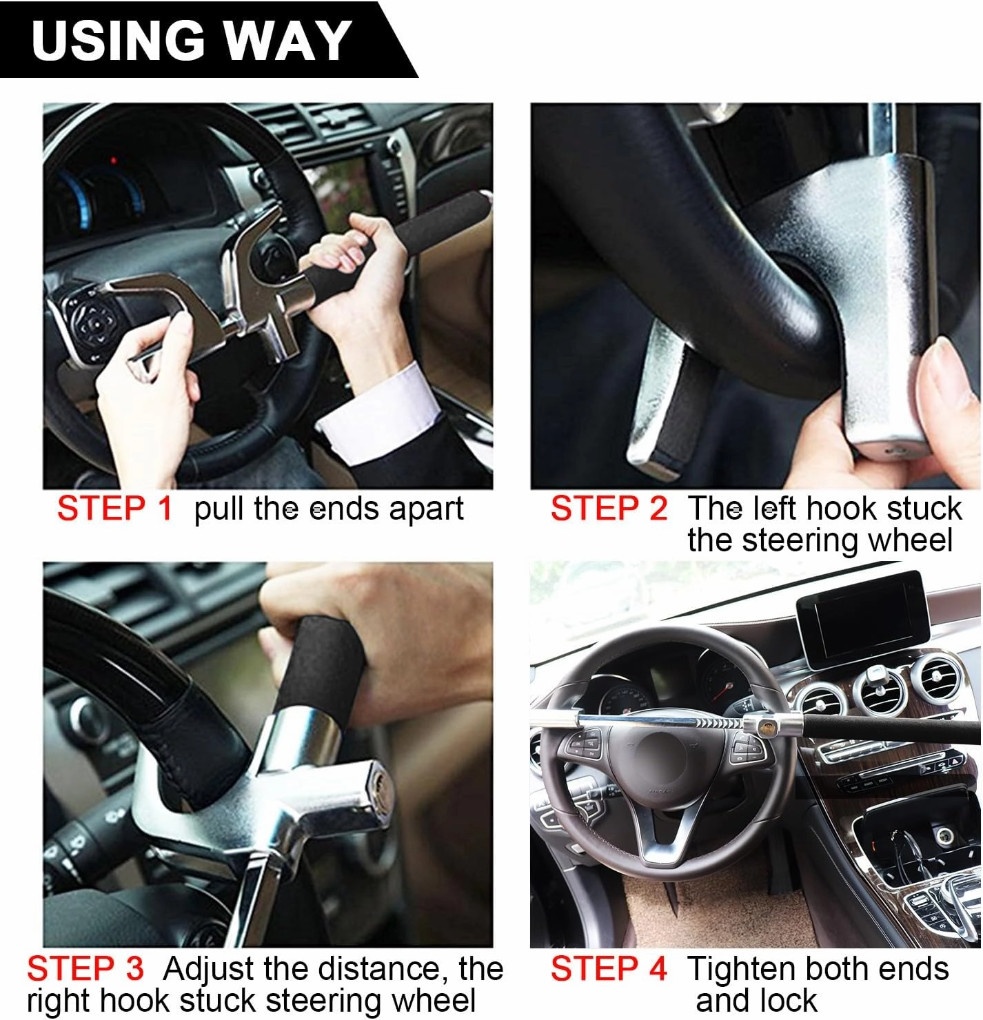 Tevlaphee Steering Wheel Lock For Cars,Wheel Lock,Vehicle Anti-Theft Lock,Adjustable Length Clamp Double Hook Universal Fit Emergency Hammer Window Breaker Self Defense Heavy Duty Secure
