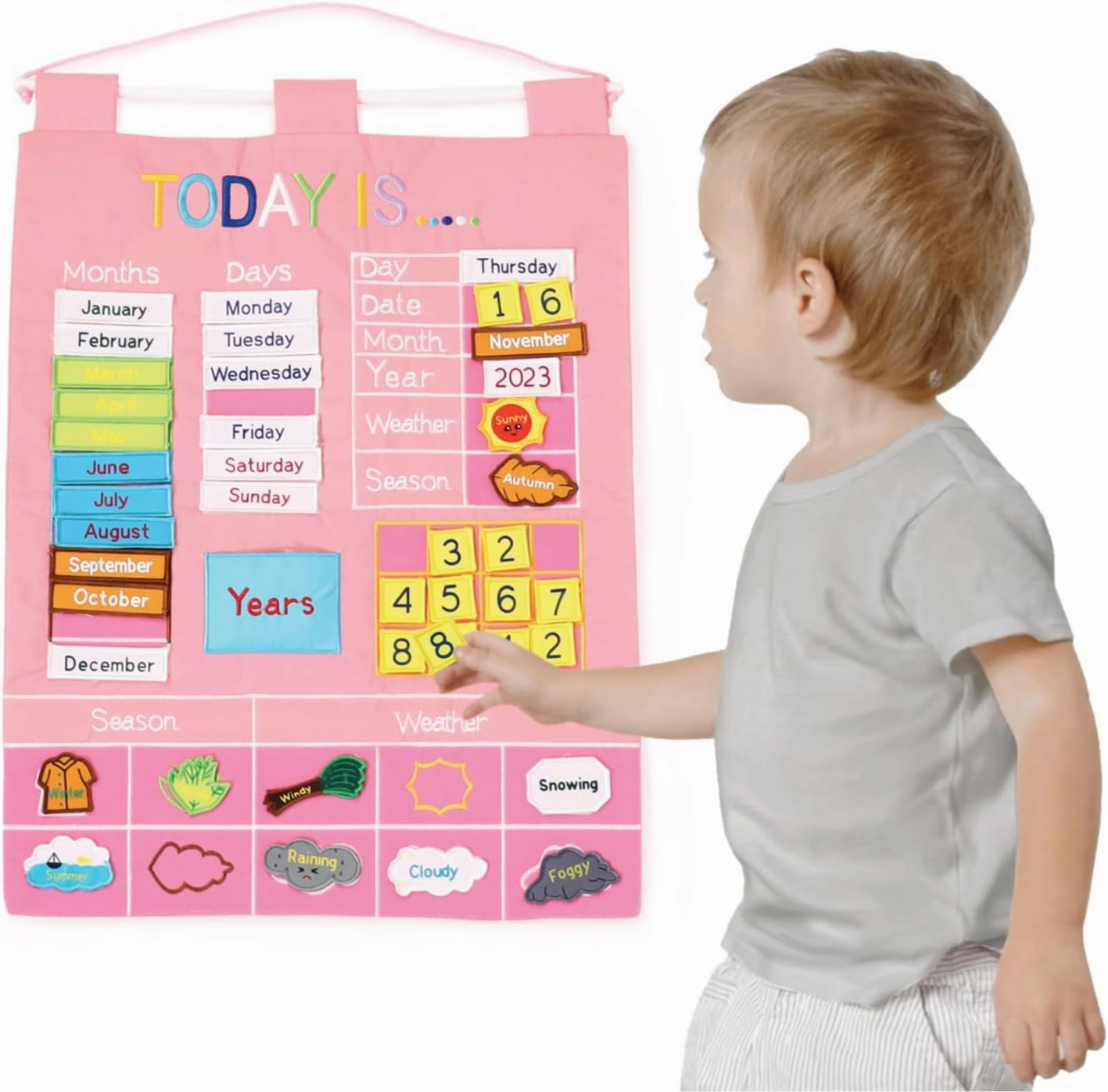 The Peanutshell Learning Calendar Wall Chart - Homeschool Supplies, Interactive Pocket Chart for Toddlers & Kids - Preschool Learning Activity Board, Circle Time Board for Classroom - Pink Today Is