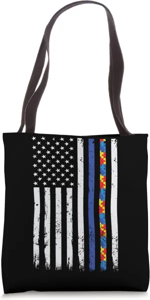 Thin Blue Line Police Support Autism 4th July Mom Dad Flag Tote Bag