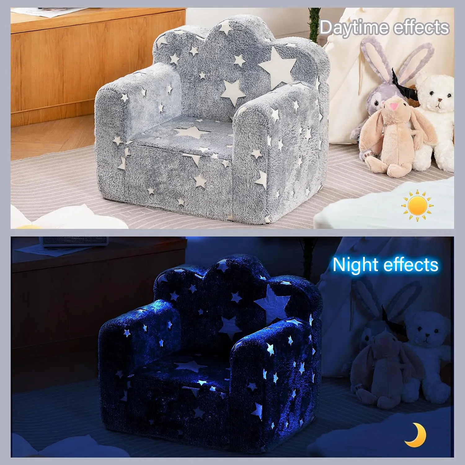 Tiita Kids Couch Plush Toddler Chair, Cloud-Like Glow in The Dark Kids Sofa Toddler Reading Chair with Washable Cover Carrying Handle, Convertible Children Sofa Chair for Girls and Boys