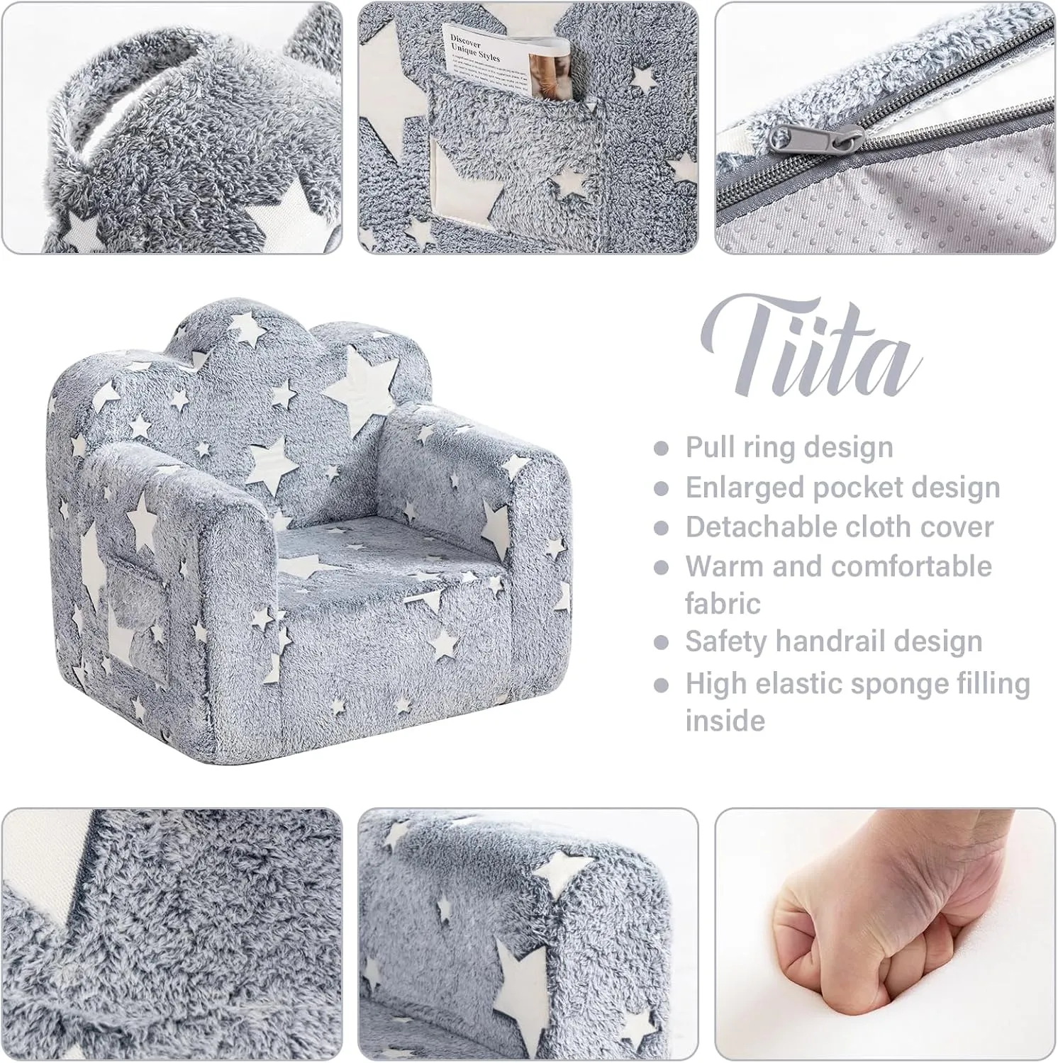Tiita Kids Couch Plush Toddler Chair, Cloud-Like Glow in The Dark Kids Sofa Toddler Reading Chair with Washable Cover Carrying Handle, Convertible Children Sofa Chair for Girls and Boys