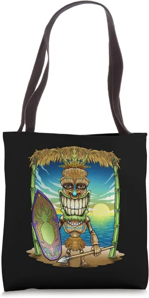 Tiki Head Surfer Surfboard Beach Hawaii Hut Tribal Vacation Tote Bag