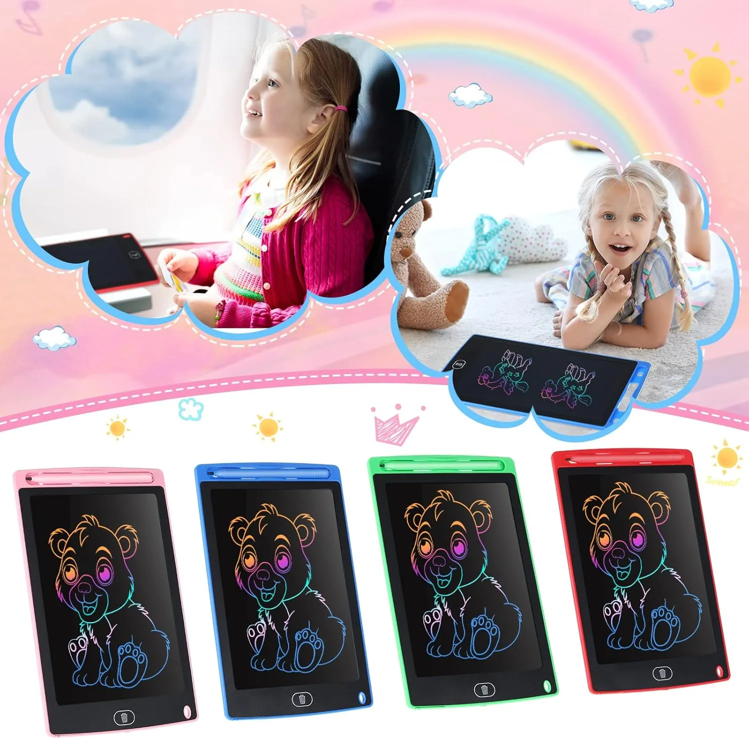 Tinlade 12 Pack LCD Writing Tablets 8.5 Inch Bulk Colorful Doodle Board Board Erasable Electronic Painting Drawing Pads Learning Toy Gifts for Boys Girls (Pink, Green, Red, Blue)
