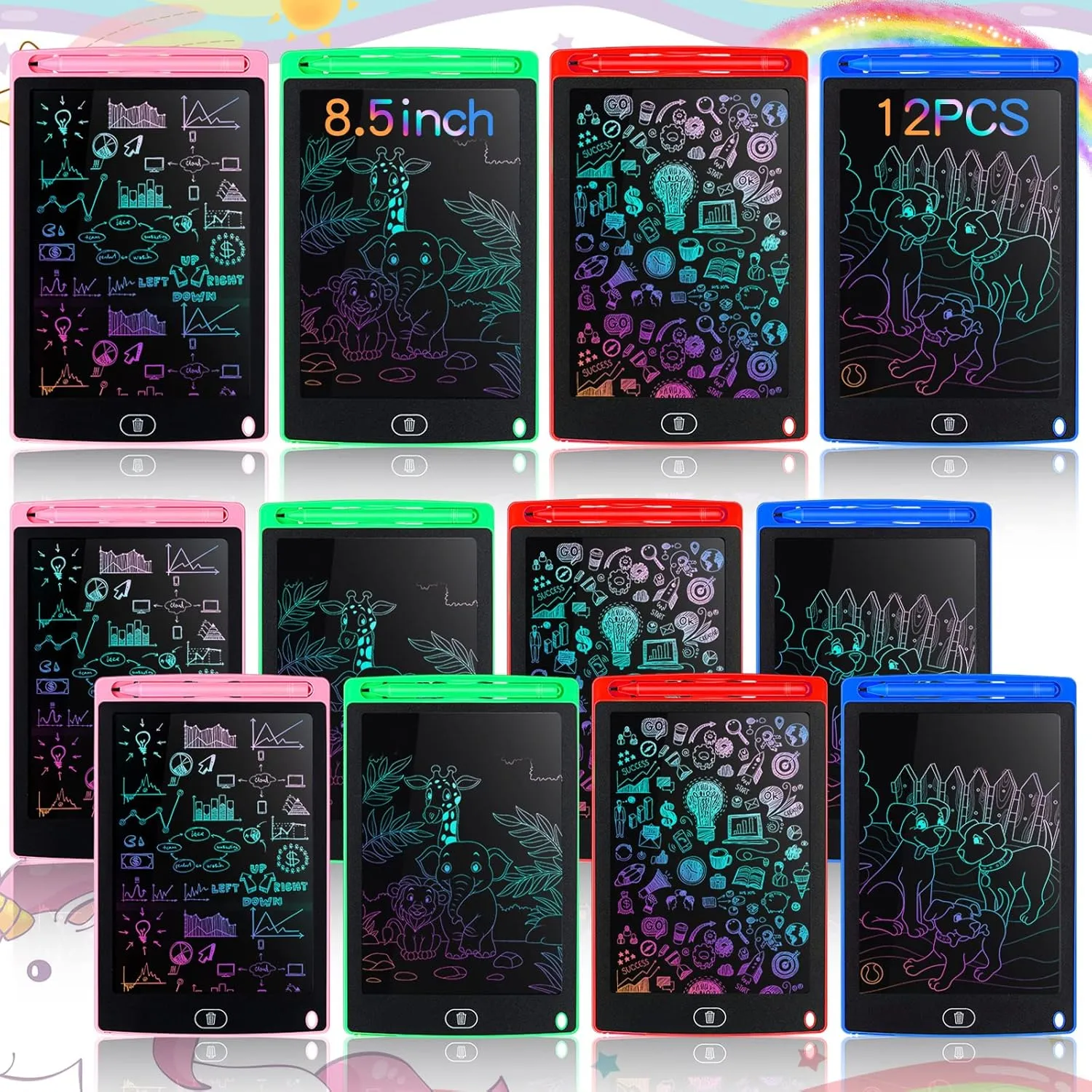 Tinlade 12 Pack LCD Writing Tablets 8.5 Inch Bulk Colorful Doodle Board Board Erasable Electronic Painting Drawing Pads Learning Toy Gifts for Boys Girls (Pink, Green, Red, Blue)