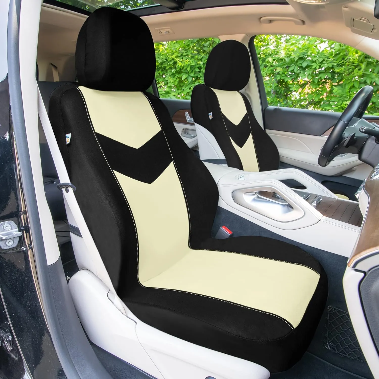 TLH Universal Fit Automotive Seat Covers Beige Black Cloth Car Seat Covers Full Set, Car Seat Protector Interior Accessories Classic Flat Cloth Car Seat Covers fit for Most Cars, Trucks, SUVs or Vans