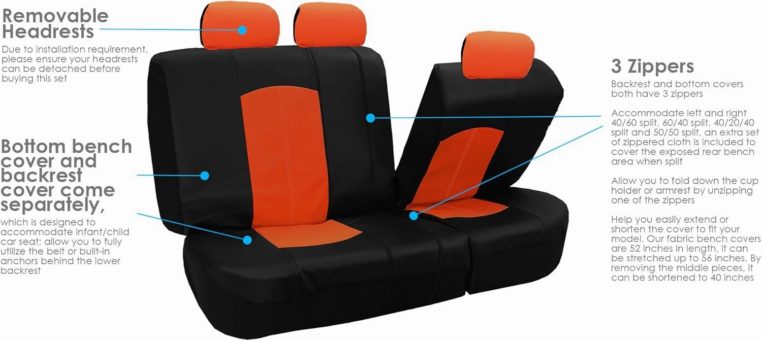 TLH Automotive Car Seat Covers PU Leather Rome Seat Covers Full Set Orange Seat Covers Airbag Compatible Split Rear Car Seat Cover Universal Fit Interior Accessories for Cars, Auto, Trucks, SUV