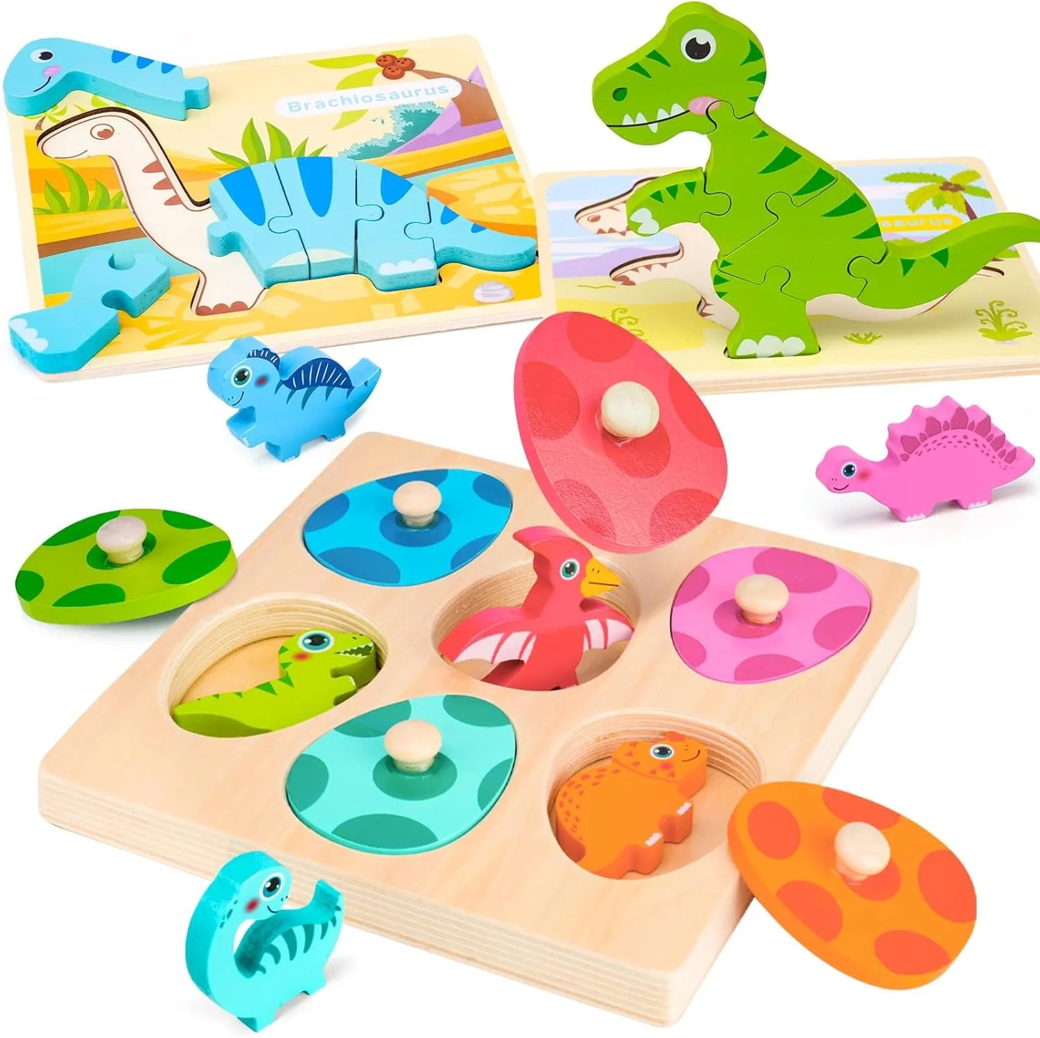 Toddler Dinosaur Puzzle with Eggs - Montessori Wooden Puzzles for 1-4 Year Olds