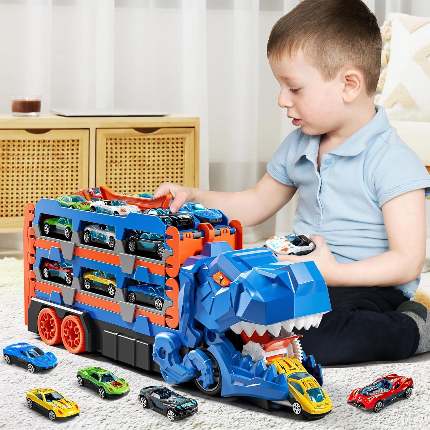 Toddler Toys Car Track Set for 3 4 5 6 Years Old Boys, Dinosaur Transporter Car Race Track with 12 Die-Cast Car Toys, Truck Toys Set Gifts for Age 3-12 Years Old Kids Boys Girls