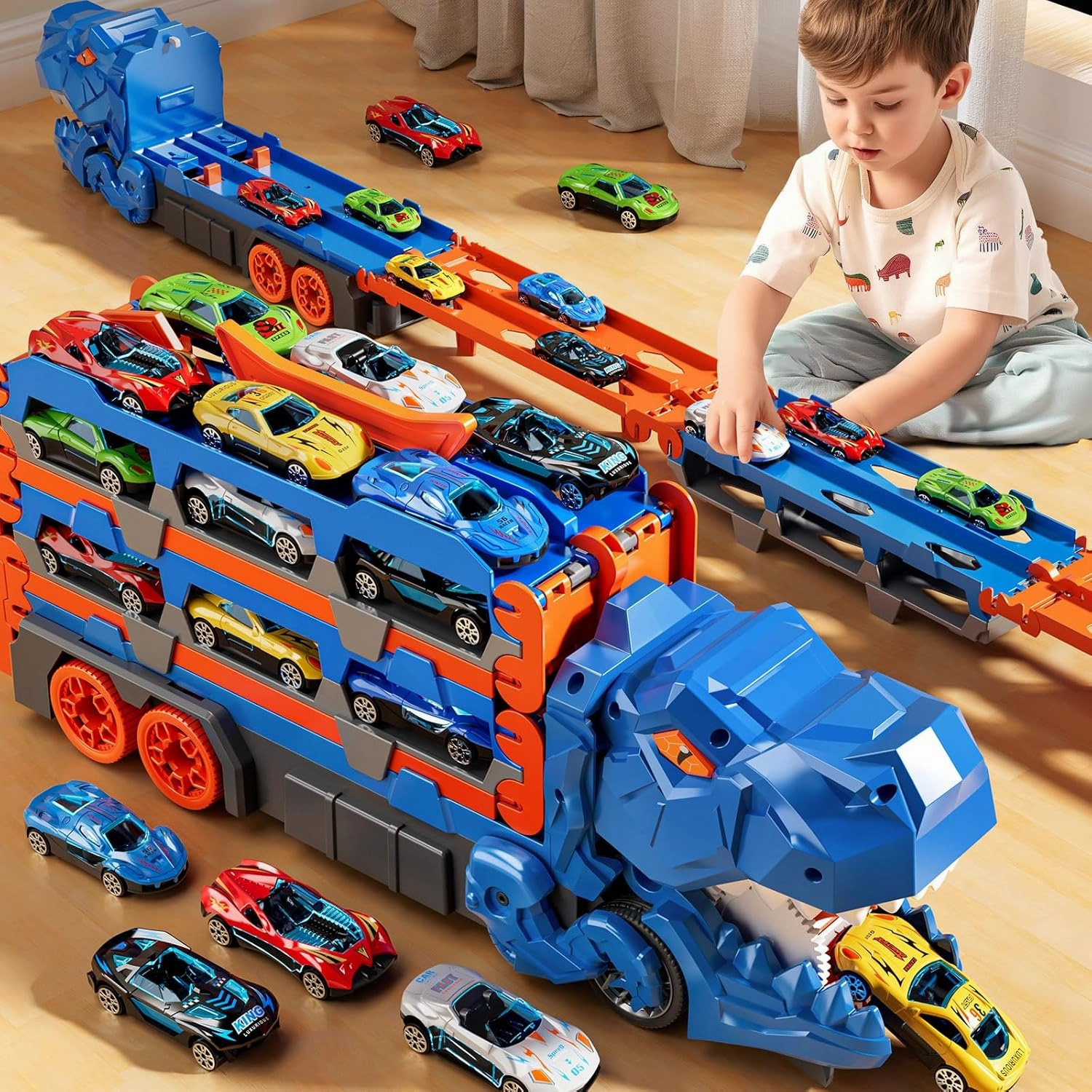 Toddler Toys Car Track Set for 3 4 5 6 Years Old Boys, Dinosaur Transporter Car Race Track with 12 Die-Cast Car Toys, Truck Toys Set Gifts for Age 3-12 Years Old Kids Boys Girls