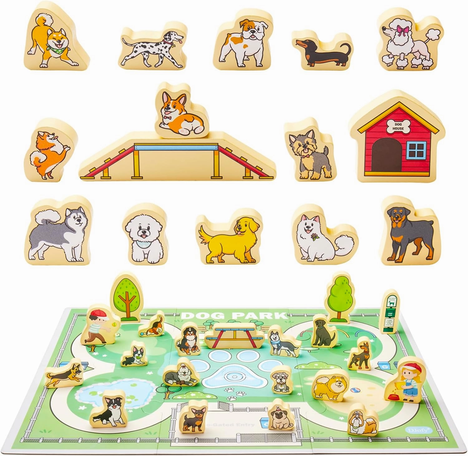 Toddy Woody Wooden Puppy Playset with 27 Dogs and Outdoor Park Elements for Kids, DJMN-GY2401