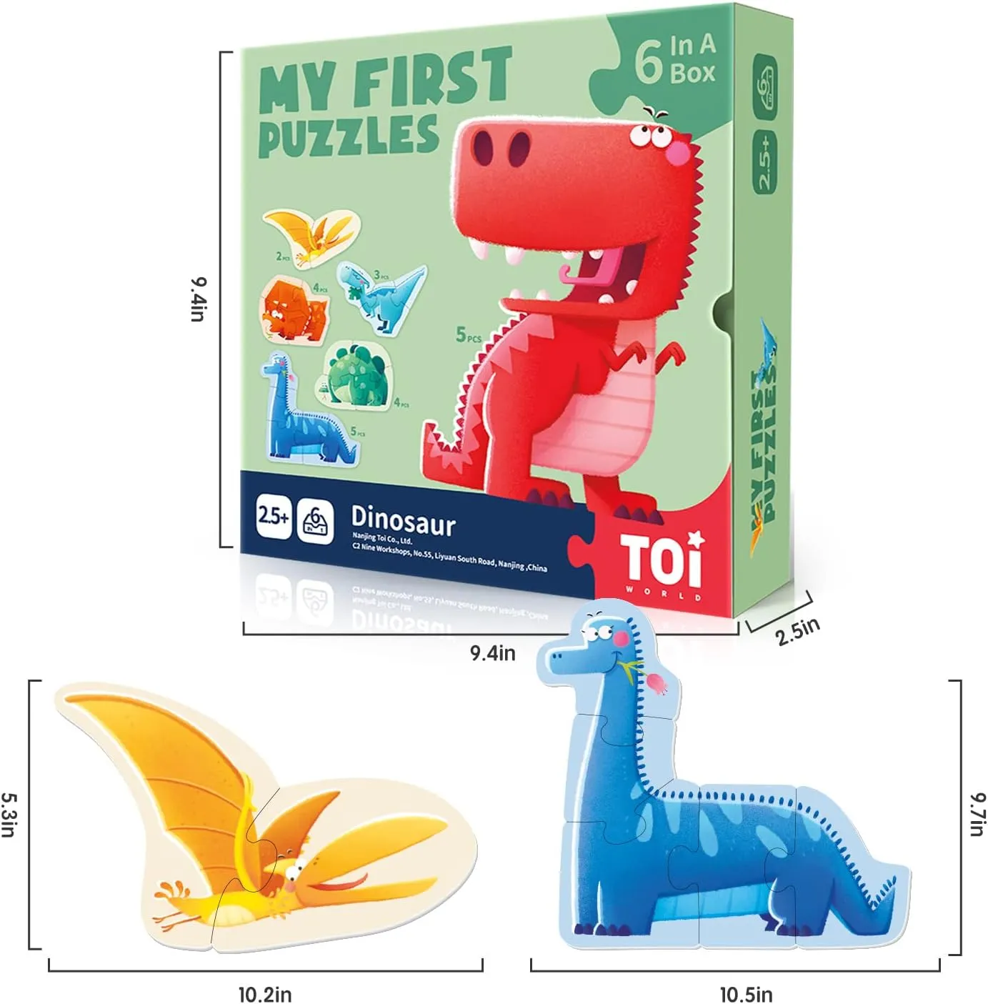 Toi 6 Packs Large Piece Toddler Jigsaw Puzzles for Kids Aged 2.5 , Animal Shaped Floor Puzzles for Beginner, Preschool Learning Game for Boys Girls, Dinosaur