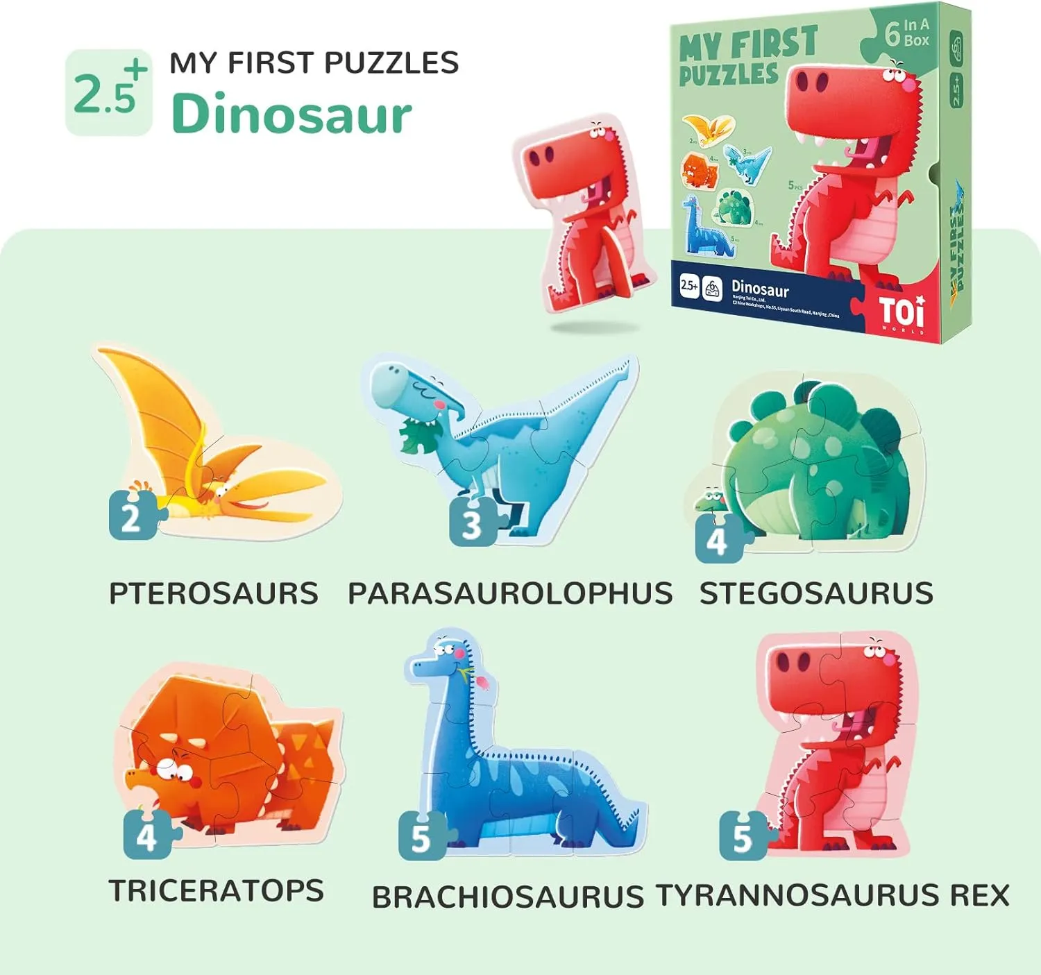 Toi 6 Packs Large Piece Toddler Jigsaw Puzzles for Kids Aged 2.5 , Animal Shaped Floor Puzzles for Beginner, Preschool Learning Game for Boys Girls, Dinosaur