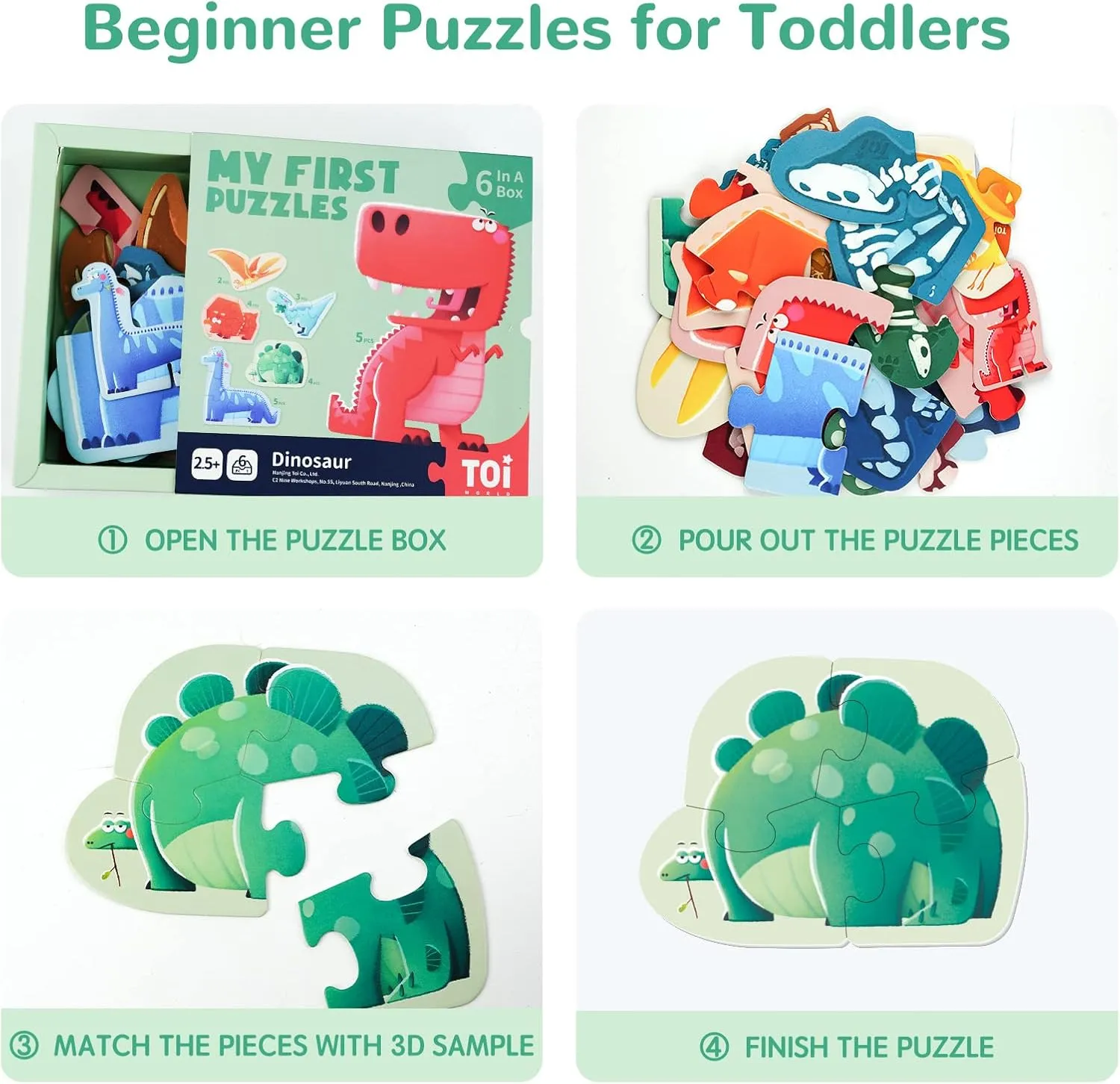 Toi 6 Packs Large Piece Toddler Jigsaw Puzzles for Kids Aged 2.5 , Animal Shaped Floor Puzzles for Beginner, Preschool Learning Game for Boys Girls, Dinosaur
