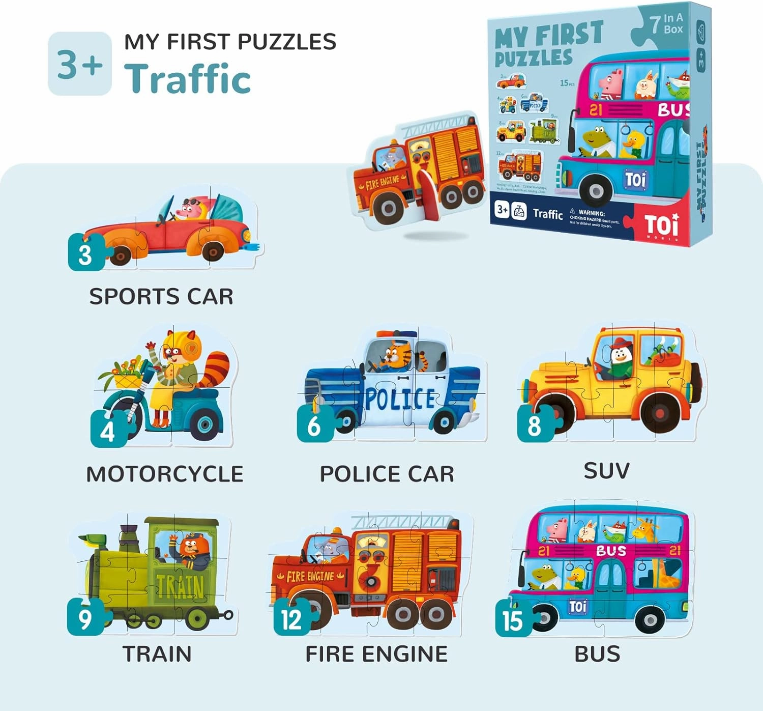 Toi 6 Packs Large Piece Toddler Jigsaw Puzzles for Kids Aged 2.5 , Animal Shaped Floor Puzzles for Beginner, Preschool Learning Game for Boys Girls, Traffic