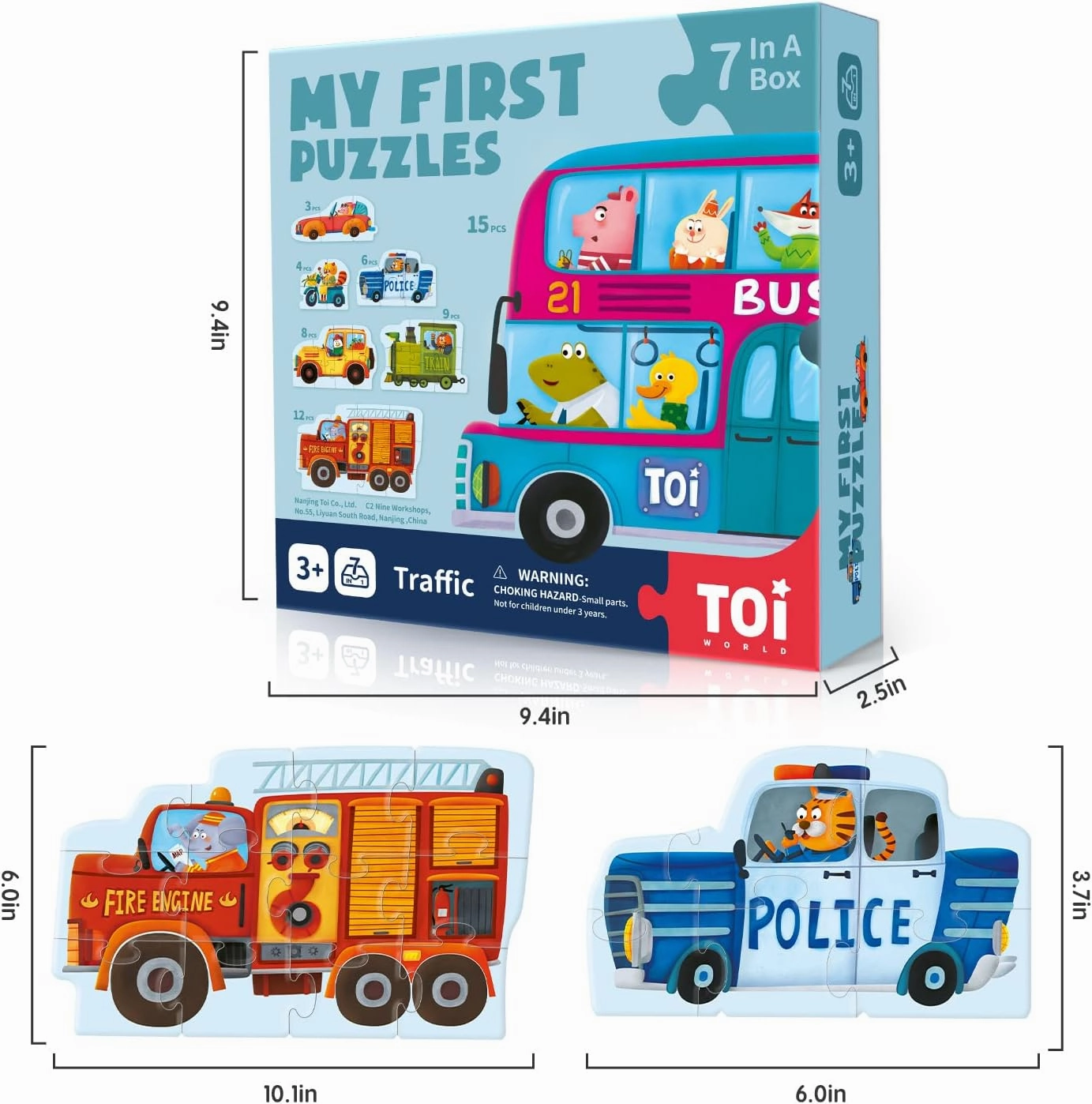 Toi 6 Packs Large Piece Toddler Jigsaw Puzzles for Kids Aged 2.5 , Animal Shaped Floor Puzzles for Beginner, Preschool Learning Game for Boys Girls, Traffic