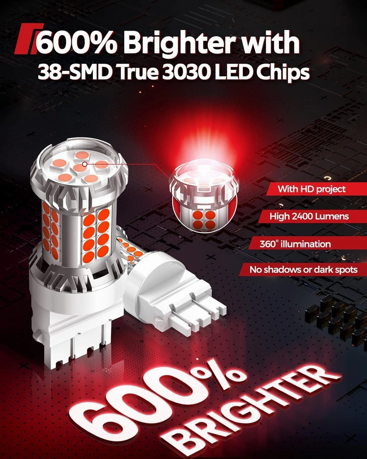 Torchbeam 3157 3156 LED Bulb Tail Brake Lights Red 600% Brighter, 3056 3057 4057 4157 3457 Brake Stop High Mount Stop Tail Taillights for Cars, Non-polarity, 3030 38-SMD, Pack of 2