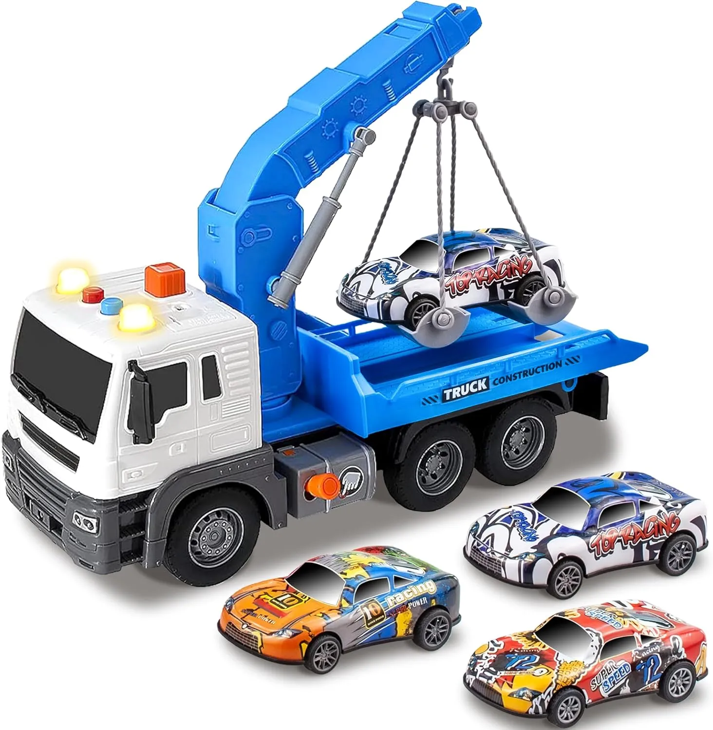Tow Truck Toy With Hook and 3 Pull-Back Race Cars, Friction Powered With Light & Sounds for Boys Age 4-7, Construction Toy