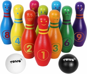 TOWO Wooden Skittles for Children - Skittle Set with Animal Faces and Numbers - 10 Pin Bowling Set for Kids Garden Toys- Wooden Toys for 2 Year Old