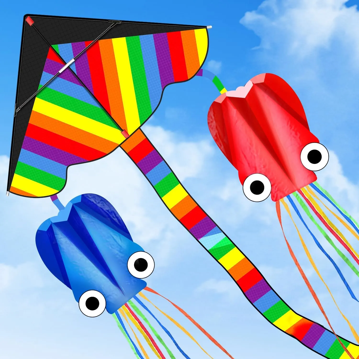 TOY Life 3 Pack Octopus Kites for Kids 4-12 and Adults - Easy to Fly Large Rainbow Kites - Beach and Outdoor Toys