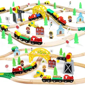 TOY Life Wooden Train Set 60pcs with Magnetic Crane, Wooden Train Tracks Toys for Toddlers Boys Girls 3 4 5, Wood Toys Toddler Train Gift for Kids 4-8, Fits Thomas Brio Chuggington Train Track Set