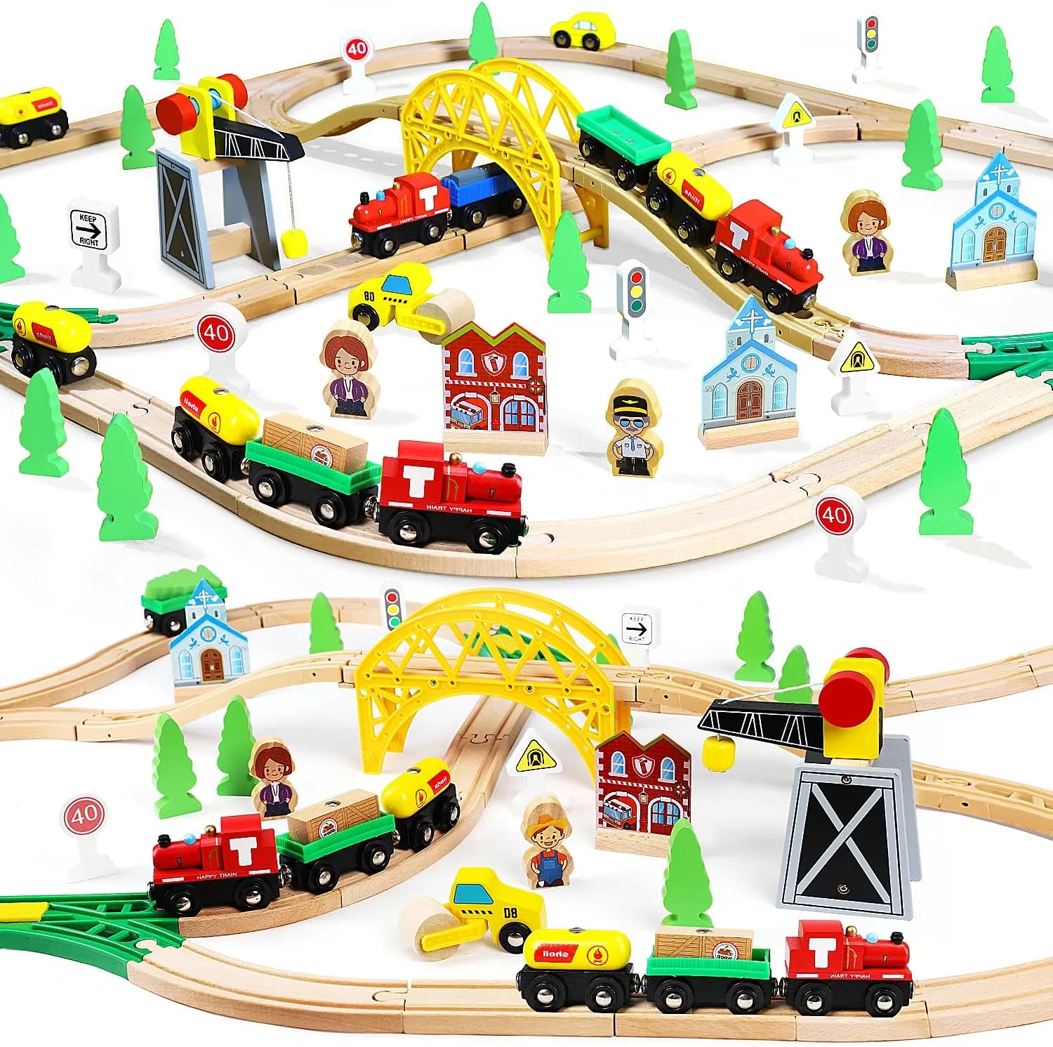 TOY Life Wooden Train Set 60pcs with Magnetic Crane, Wooden Train Tracks Toys for Toddlers Boys Girls 3 4 5, Wood Toys Toddler Train Gift for Kids 4-8, Fits Thomas Brio Chuggington Train Track Set
