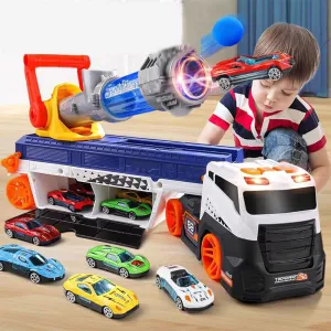 Toy Truck Boys Toys for 3-14 Year Old 26in Big Race Car with 4 Alloy Cars 6 EVA Cannonballs 2 in 1 Catapult Cannonball Car Alloy Car Storage Garage DIY Combination Sound Light Effects Christmas Day