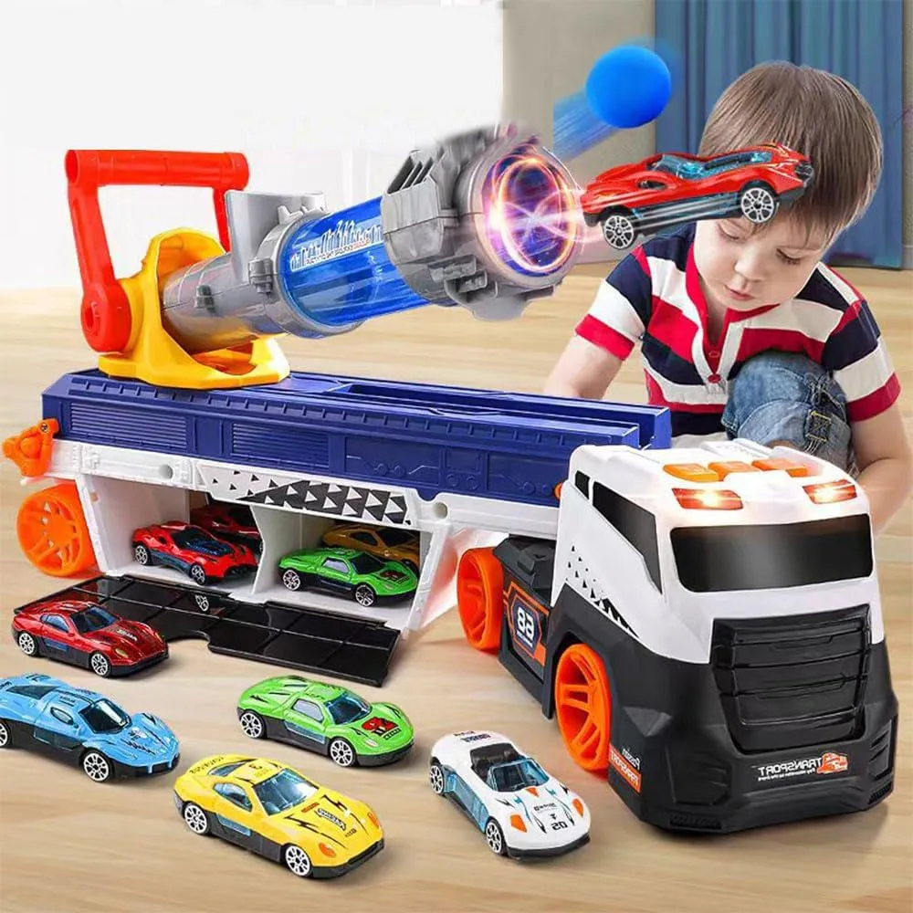 Toy Truck Boys Toys for 3-14 Year Old 26in Big Race Car with 4 Alloy Cars 6 EVA Cannonballs 2 in 1 Catapult Cannonball Car Alloy Car Storage Garage DIY Combination Sound Light Effects Christmas Day