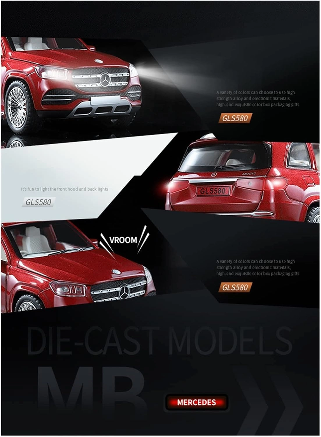 Toy car Model 1:24 for BENZS GLS580 Car Model Alloy Die Cast Toy Car Model Sound and Light Pull Back Children's Toy Gift (Color : Red)