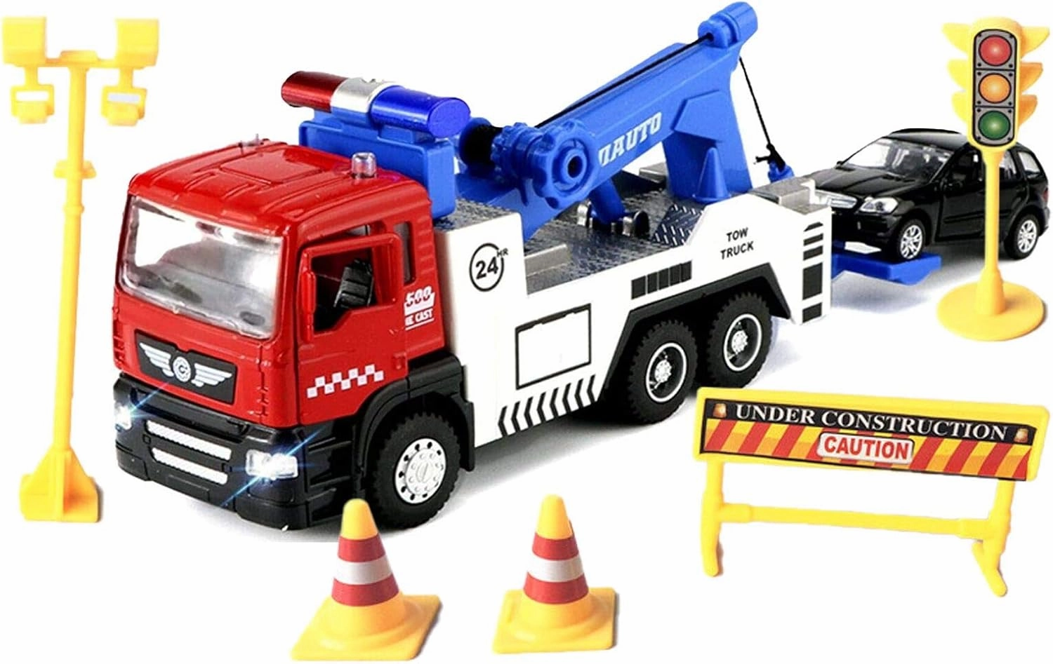 Toy Tow Truck Metal Diecast Truck with Car Pull Back Miniature Toy Trucks with Sound and Light for Boys(with 5 Pcs Traffic Signs)