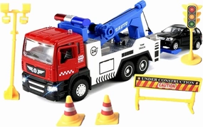 Toy Tow Truck Metal Diecast Truck with Car Pull Back Miniature Toy Trucks with Sound and Light for Boys(with 5 Pcs Traffic Signs)