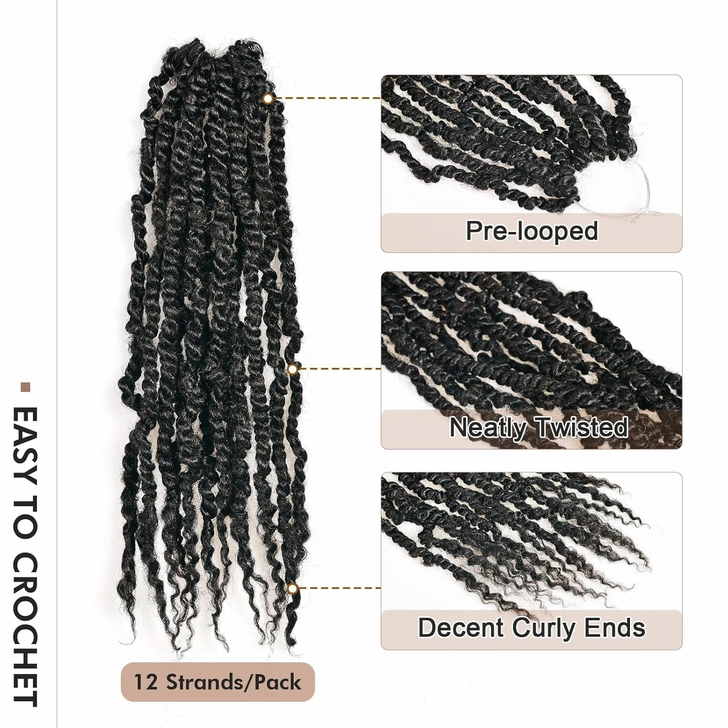 ToyoTress 100% Human Hair Passion Twist - 8 Inch 8 Packs Handmade Pre-twisted Human Hair Crochet Mini Twist, Natural Black Pre-looped Crochet Braids Braiding Hair Extensions (8 Inch, 1B-8P)