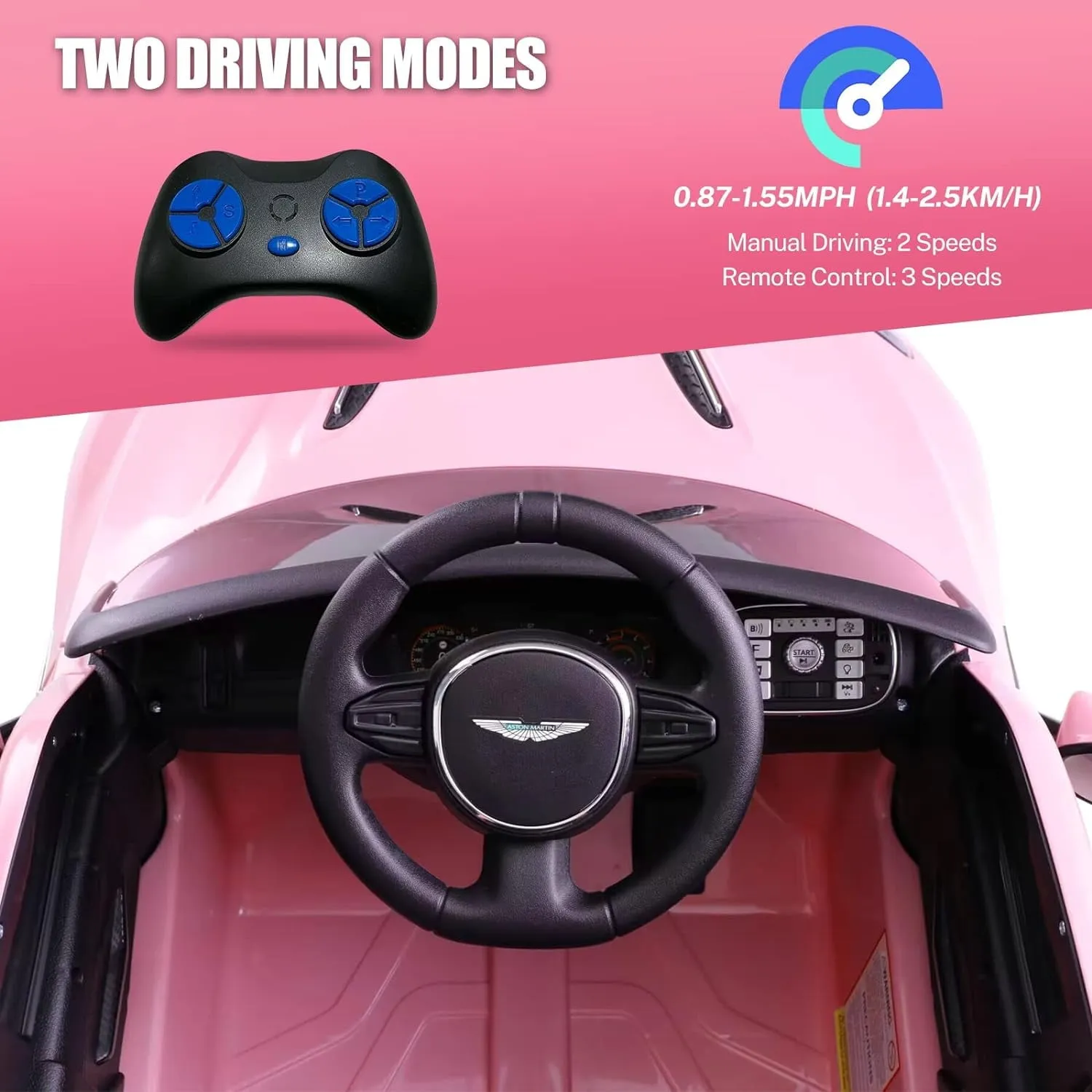 Track 7 12V Kids Ride on Car, Licensed Aston Martin Electric Car for Boys Girls Age 3 , Remote Control, Music, USB, Portable Handle, Pink