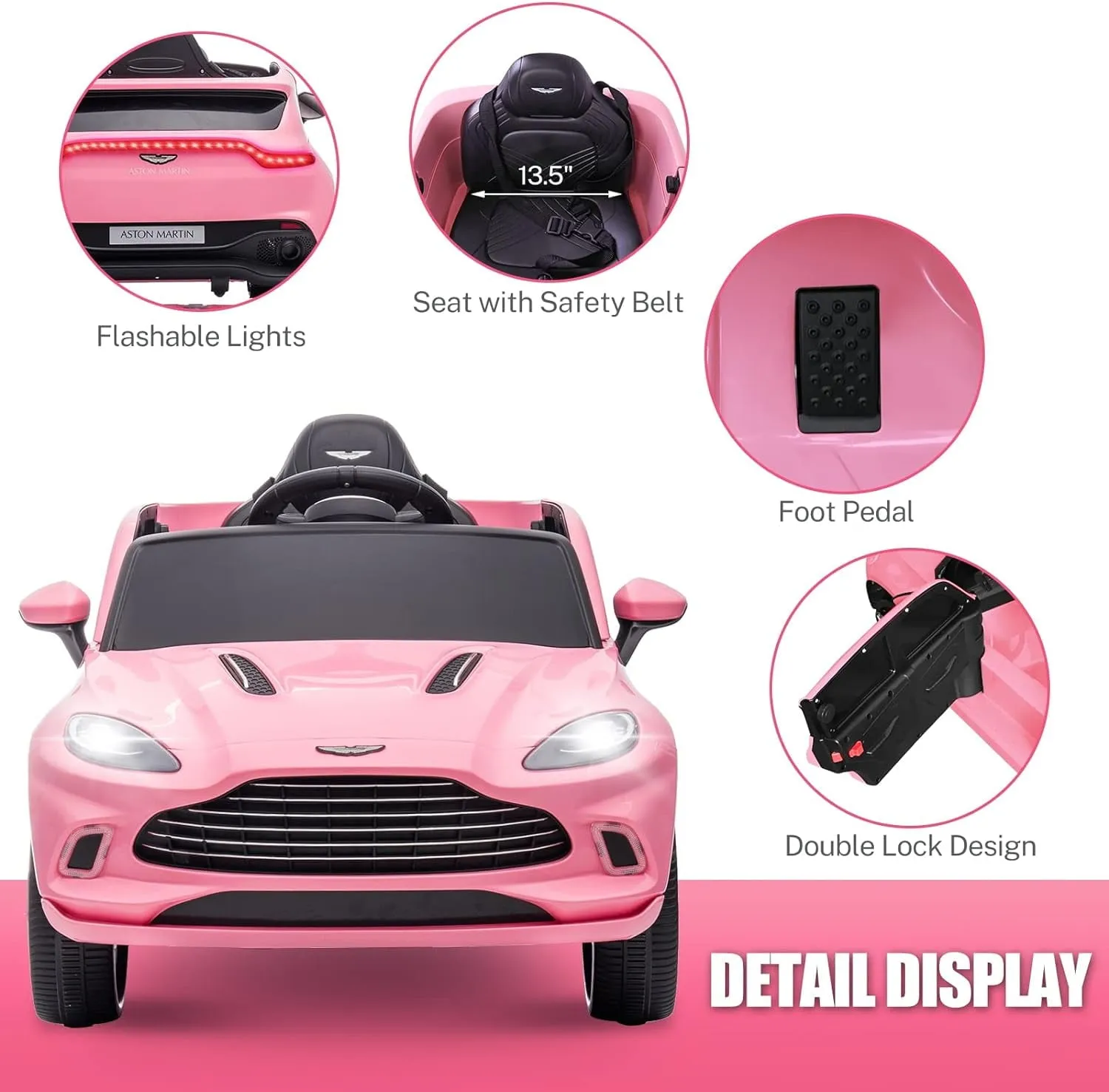 Track 7 12V Kids Ride on Car, Licensed Aston Martin Electric Car for Boys Girls Age 3 , Remote Control, Music, USB, Portable Handle, Pink
