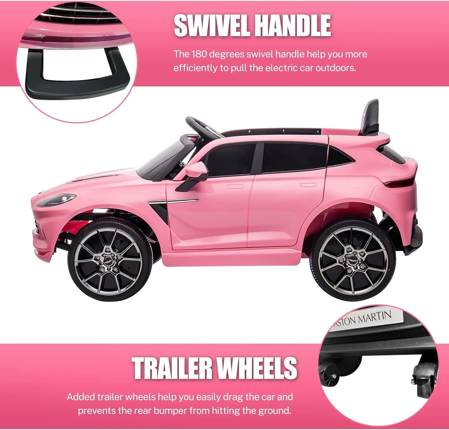 Track 7 12V Kids Ride on Car, Licensed Aston Martin Electric Car for Boys Girls Age 3 , Remote Control, Music, USB, Portable Handle, Pink