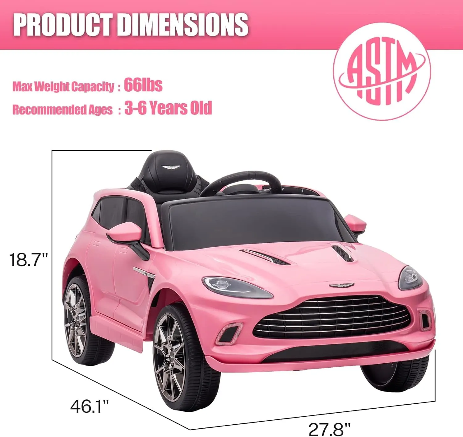 Track 7 12V Kids Ride on Car, Licensed Aston Martin Electric Car for Boys Girls Age 3 , Remote Control, Music, USB, Portable Handle, Pink