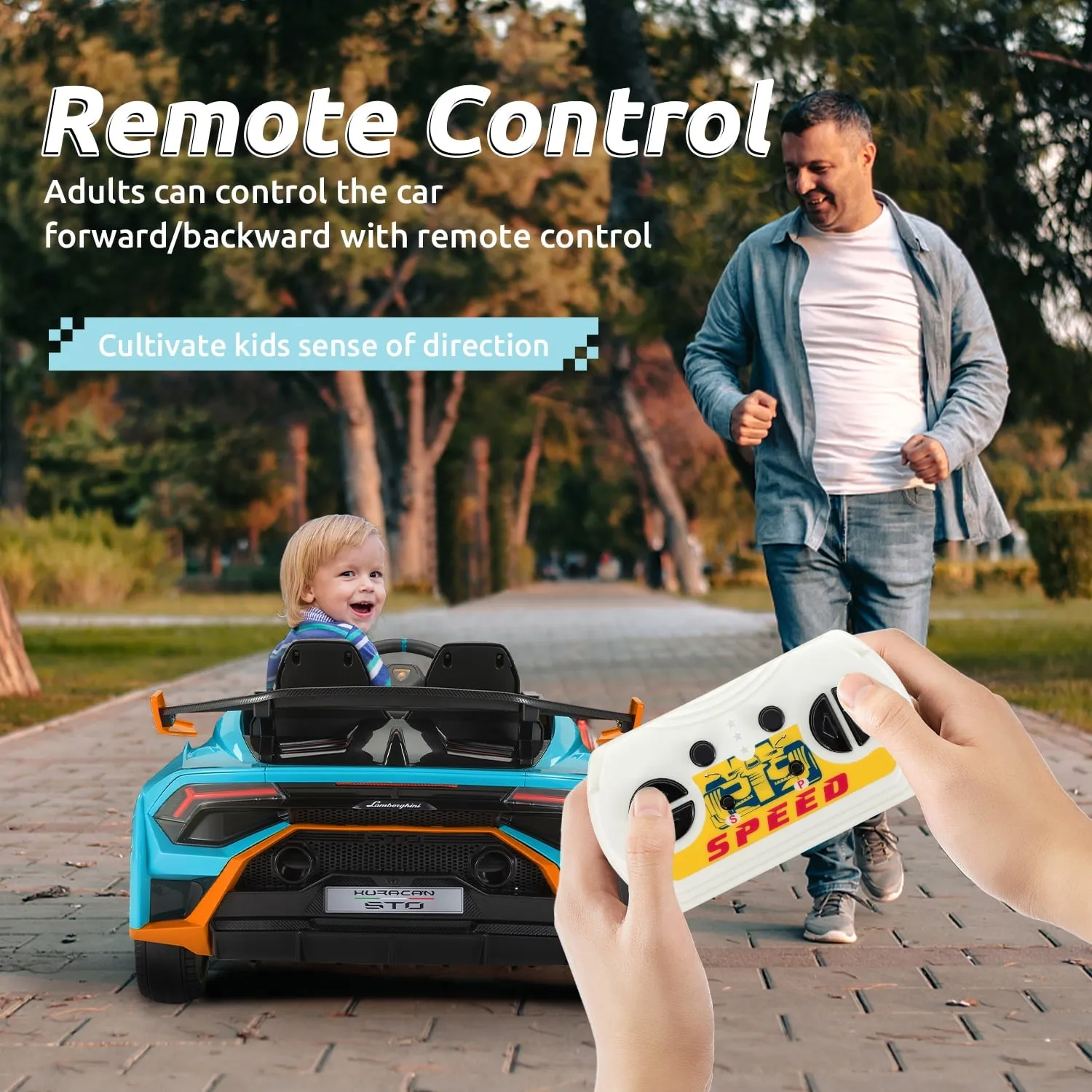 Track 7 12V Kids Ride on Car, Licensed Lamborghini STO Electric Car for Kids Age 3 , Remote Control, Music, Motorized Drift Electric Vehicle, Max Speed 5mph, Blue