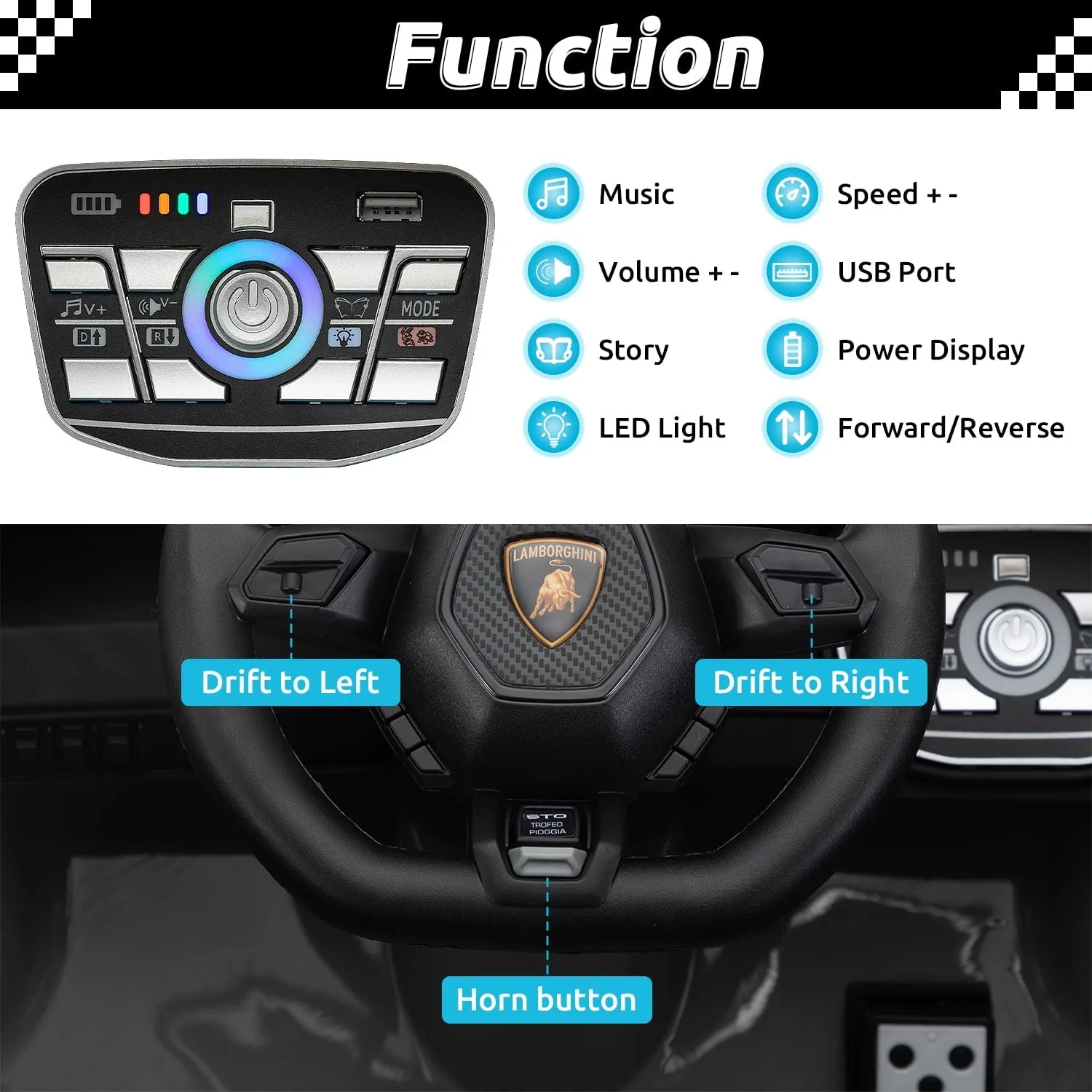 Track 7 12V Kids Ride on Car, Licensed Lamborghini STO Electric Car for Kids Age 3 , Remote Control, Music, Motorized Drift Electric Vehicle, Max Speed 5mph, Blue