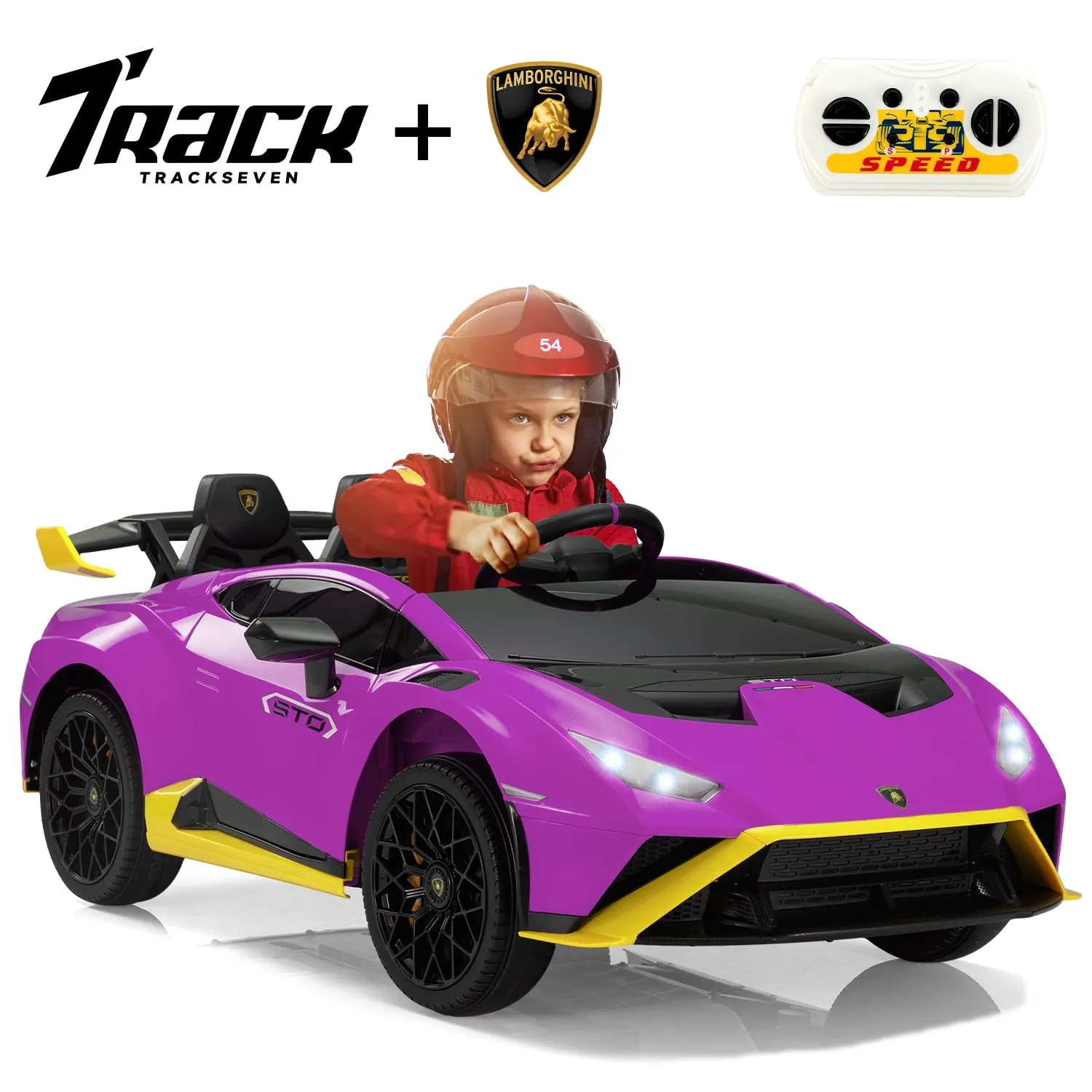 Track 7 12V Kids Ride on Car, Licensed Lamborghini STO Electric Car for Kids Age 3 , Remote Control, Music, Motorized Drift Electric Vehicle, Max Speed 5mph, Blue