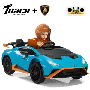 Track 7 12V Kids Ride on Car, Licensed Lamborghini STO Electric Car for Kids Age 3 , Remote Control, Music, Motorized Drift Electric Vehicle, Max Speed 5mph, Blue