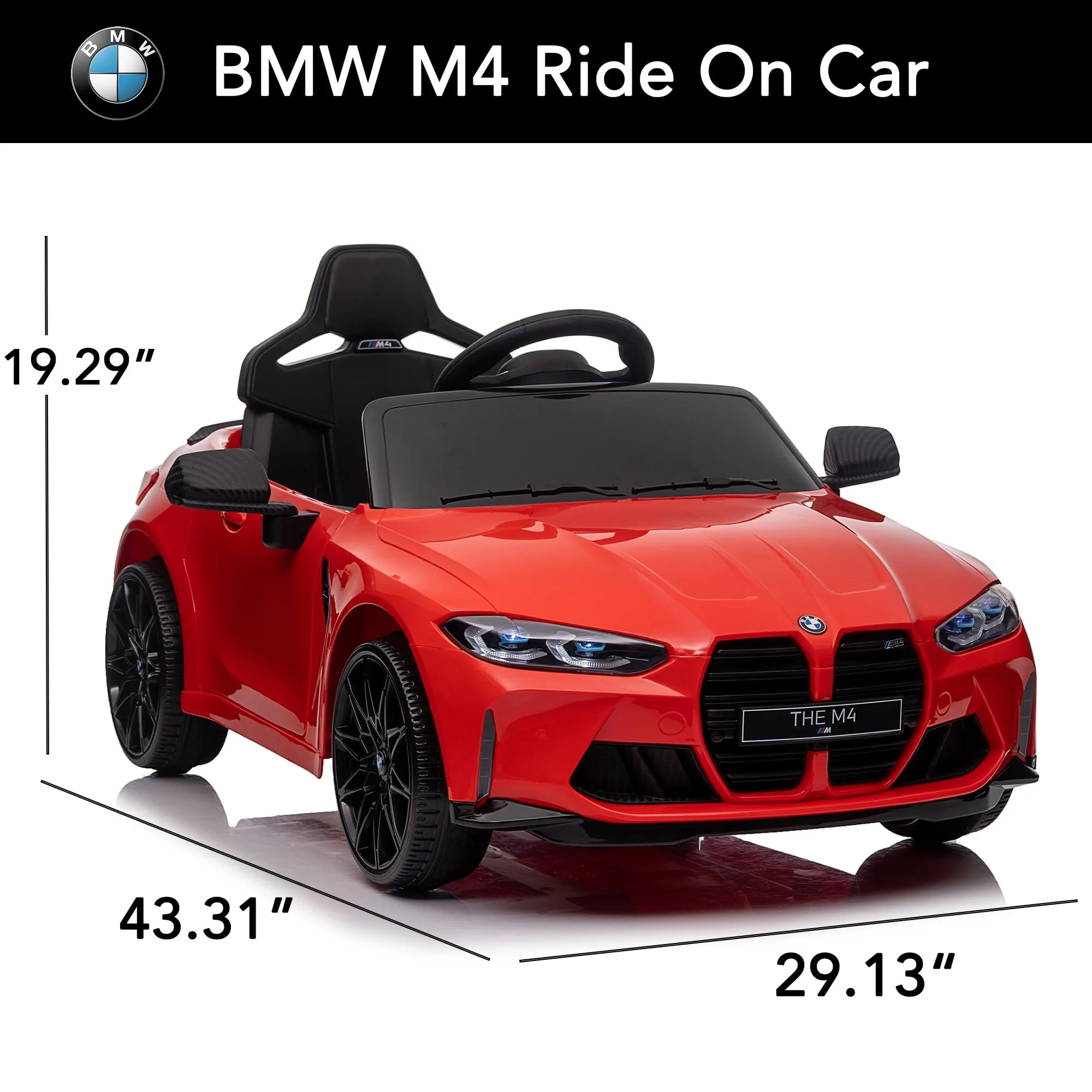 Track 7 12V Ride on Car, Licensed BMW M4 Electric Car, Kids Ride on Car with Remote Control, Bluetooth, Lights, Portable Handle, Red