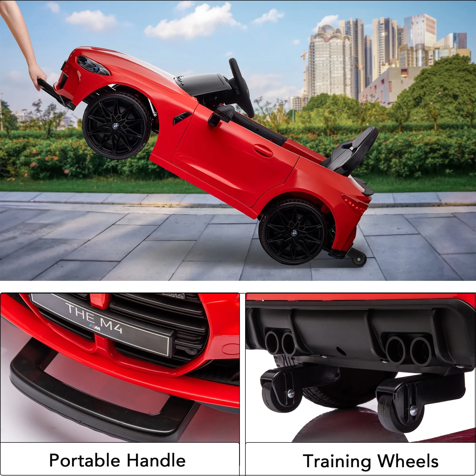 Track 7 12V Ride on Car, Licensed BMW M4 Electric Car, Kids Ride on Car with Remote Control, Bluetooth, Lights, Portable Handle, Red