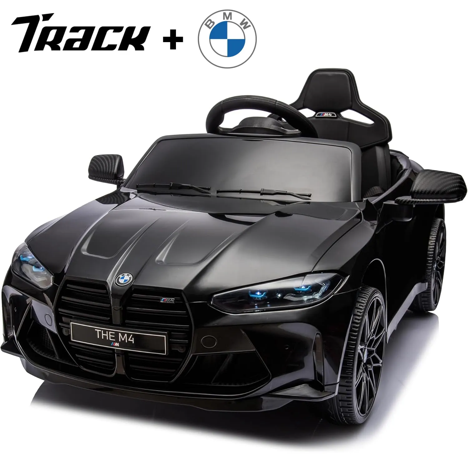 Track 7 12V Ride on Car, Licensed BMW M4 Electric Car, Kids Ride on Car with Remote Control, Bluetooth, Lights, Portable Handle, Red