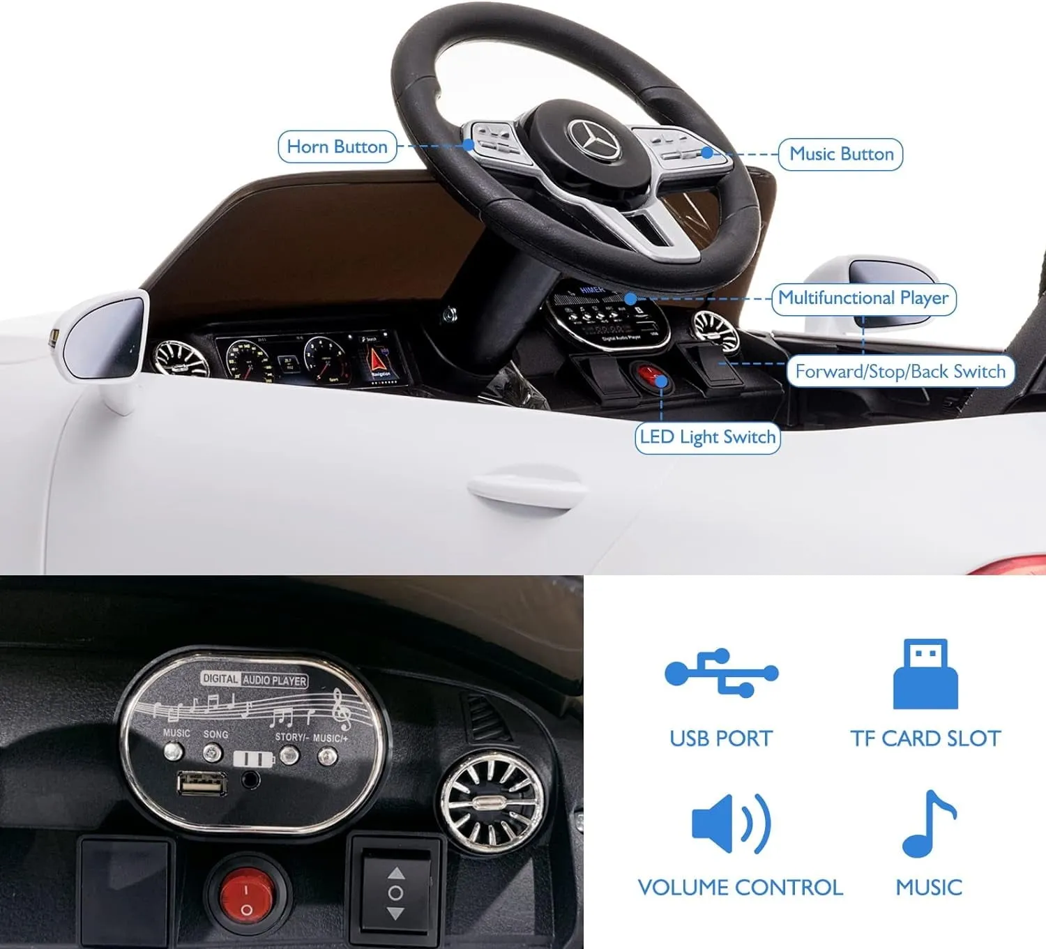 Track 7 12V Ride on Car, Licensed Mercedes-Benz CLS 350 Electric Car for Kids, Ride on Car with Remote Control, Music, Power Display, LED Lights, MP3, Kids Car for Age 3 , White