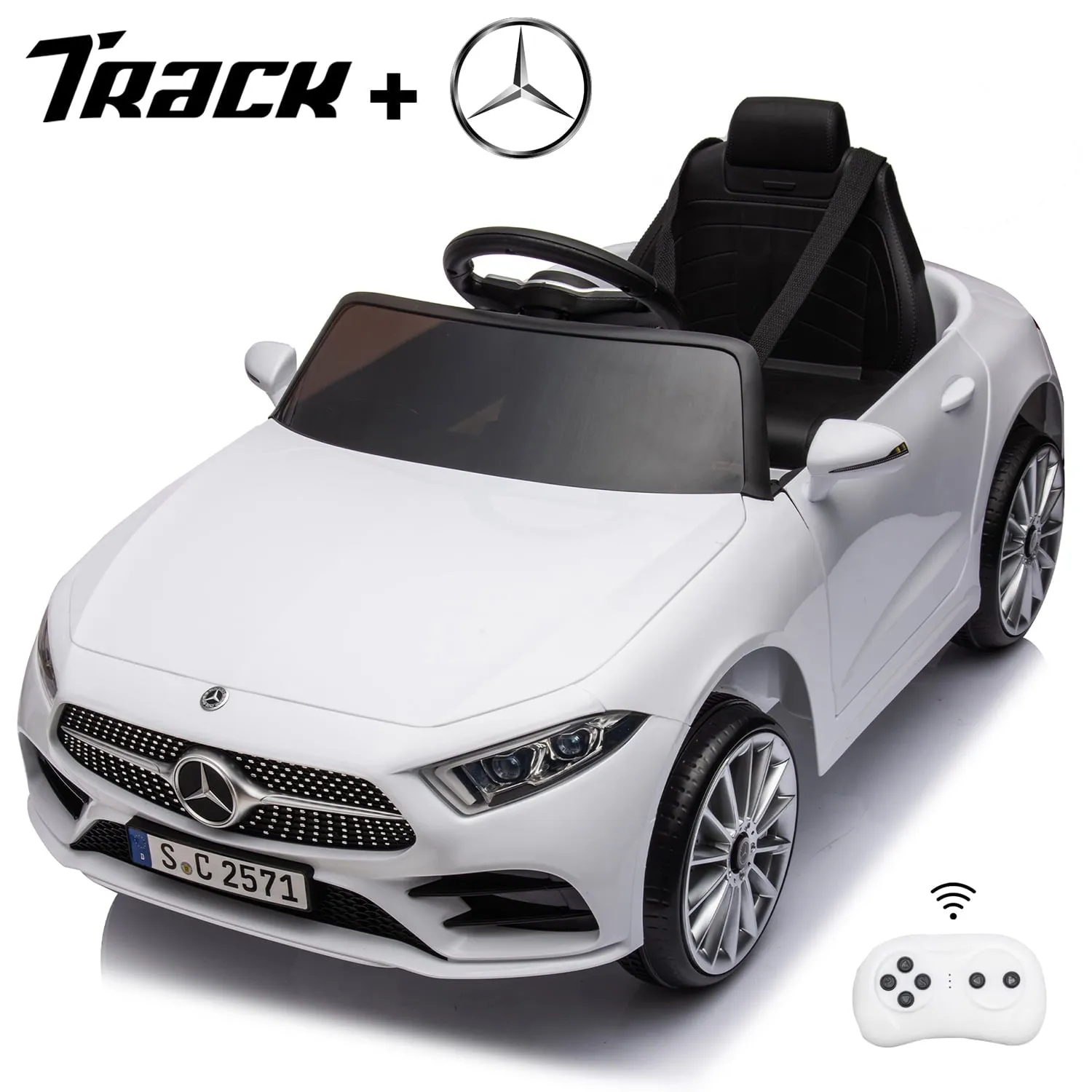 Track 7 12V Ride on Car, Licensed Mercedes-Benz CLS 350 Electric Car for Kids, Ride on Car with Remote Control, Music, Power Display, LED Lights, MP3, Kids Car for Age 3 , White