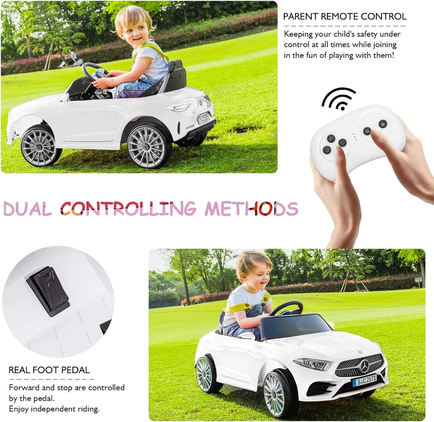 Track 7 12V Ride on Car, Licensed Mercedes-Benz CLS 350 Electric Car for Kids, Ride on Car with Remote Control, Music, Power Display, LED Lights, MP3, Kids Car for Age 3 , White