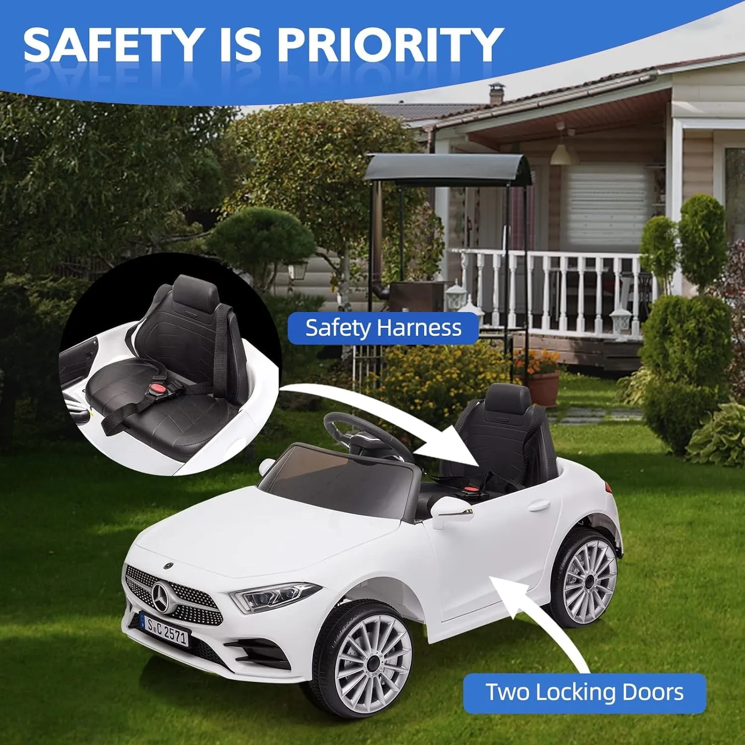 Track 7 12V Ride on Car, Licensed Mercedes-Benz CLS 350 Electric Car for Kids, Ride on Car with Remote Control, Music, Power Display, LED Lights, MP3, Kids Car for Age 3 , White